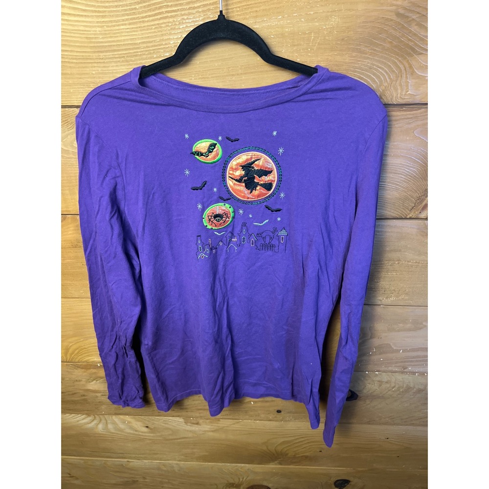 Womens Halloween Shirt Purple Long Sleeve Witch Bat Spider Sparkle L/G Trick